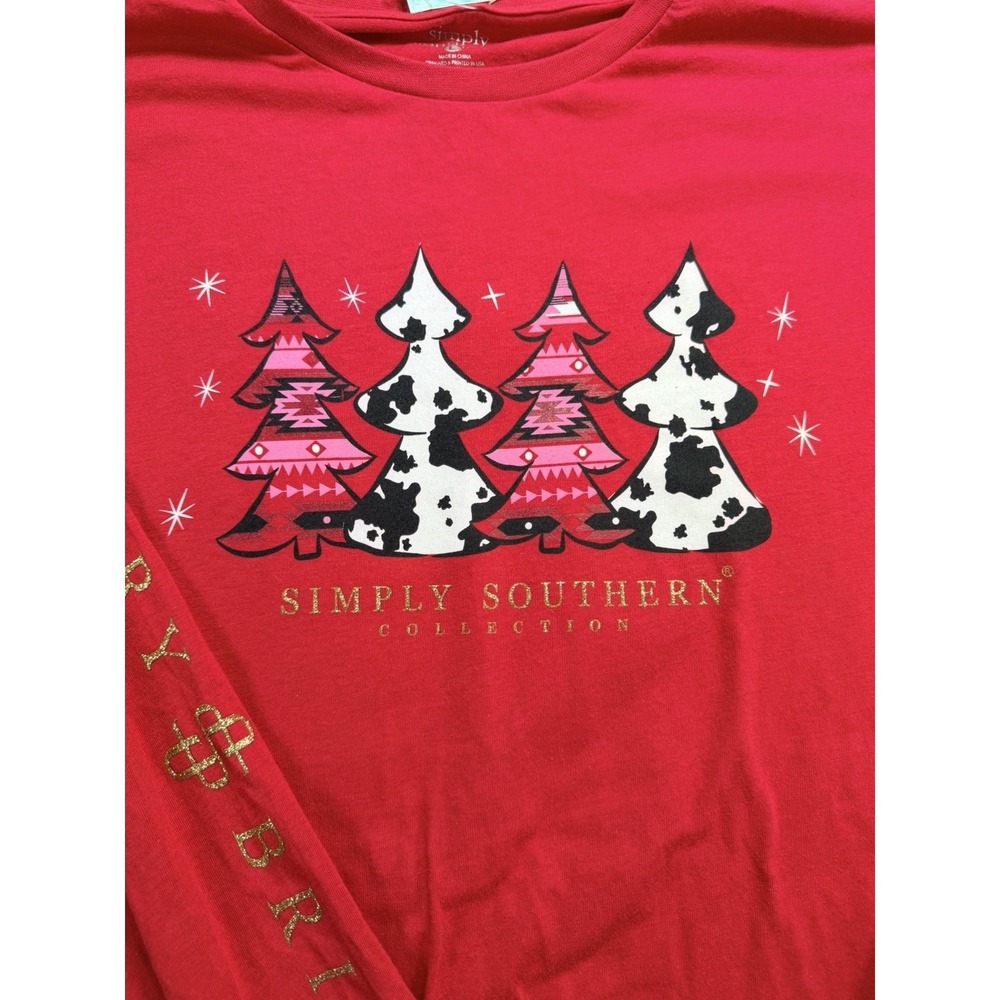 Simply Southern Red Pink Christmas Santa Long-Sleeved Shirt Sz‎ Lg NWT Cow